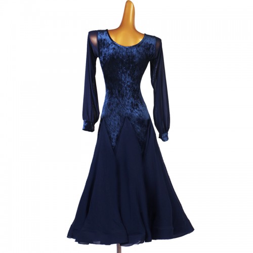 Women navy blue velvet competition ballroom dance dress long sleeves modern waltz tango ballroom long length dance gown for female